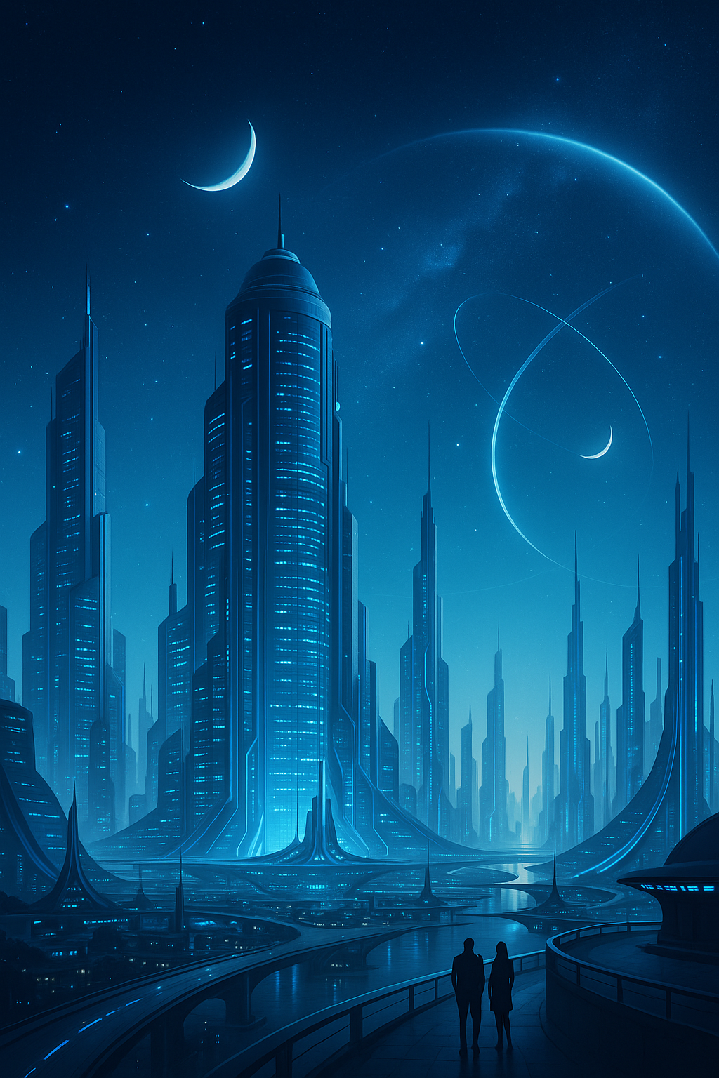 Futuristic city skyline at night with flying cars and skyscrapers